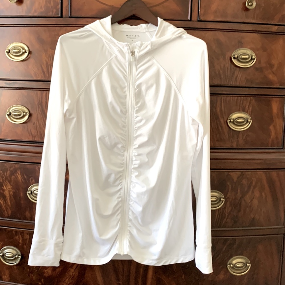 Full zip hoodie jacket, rated UPF 50 sun protection, polyester & spandex.